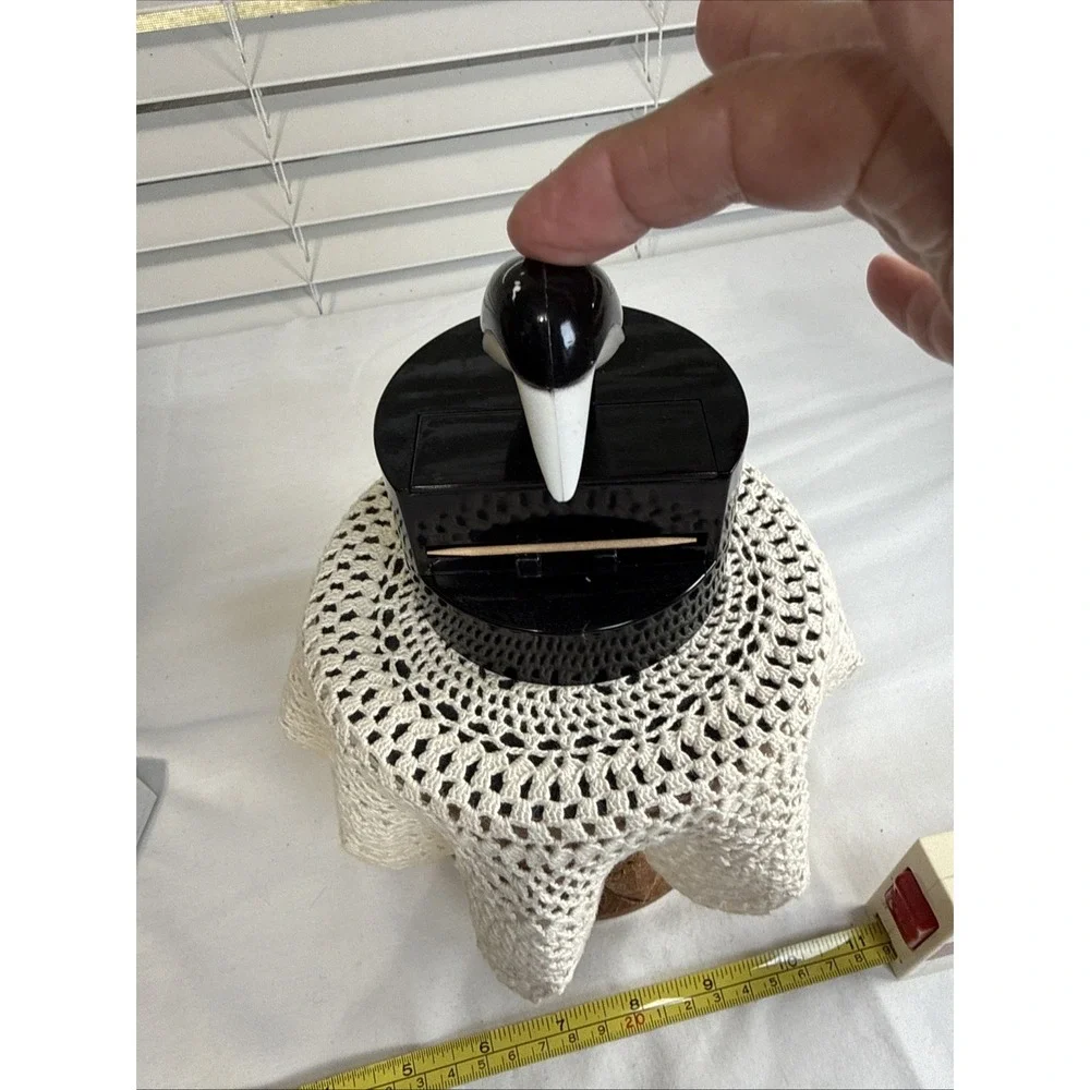 Black Vtg Penguin Bird Toothpick Dispenser Holder Mechanical Plastic Novelty